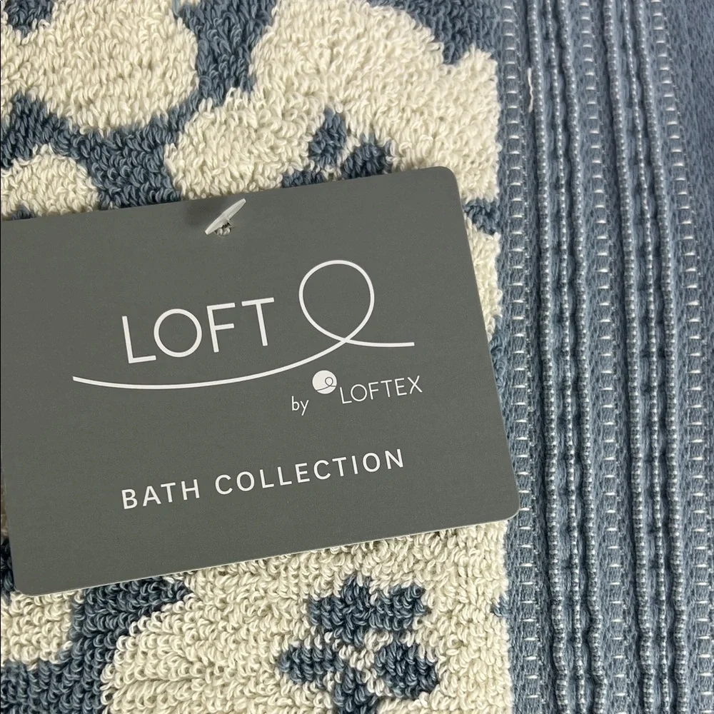 Loft by Loftex Bath Towels Blue & Cream Floral 100% Cotton Soft Set of 2 NEW